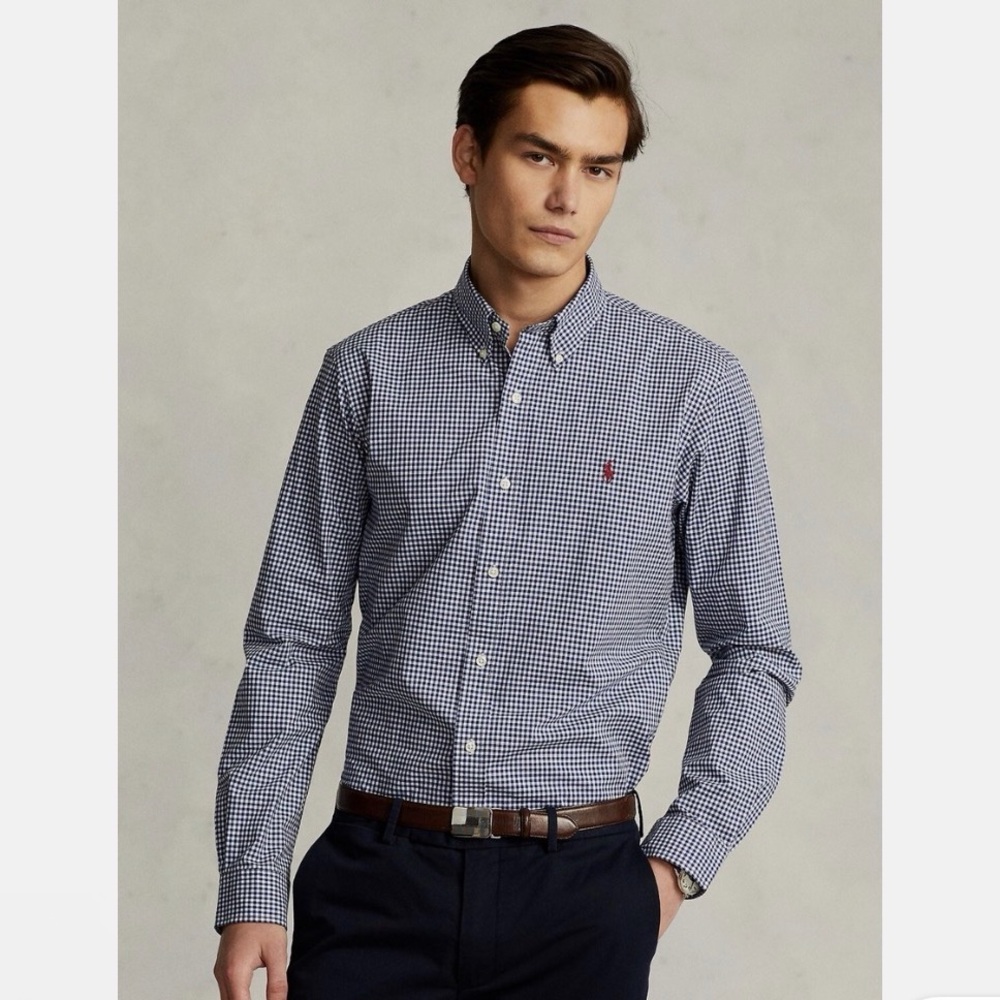 Ralph Lauren Sport Mens Slim-Fit Gingham Stretch Poplin Shirt Navy White Small